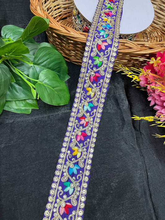Multicolored Stonework Embroidery Saree Lace Border – 9 Meters, 1.5-Inch Wide Decorative Trim for Lehengas & Dupattas | Purple