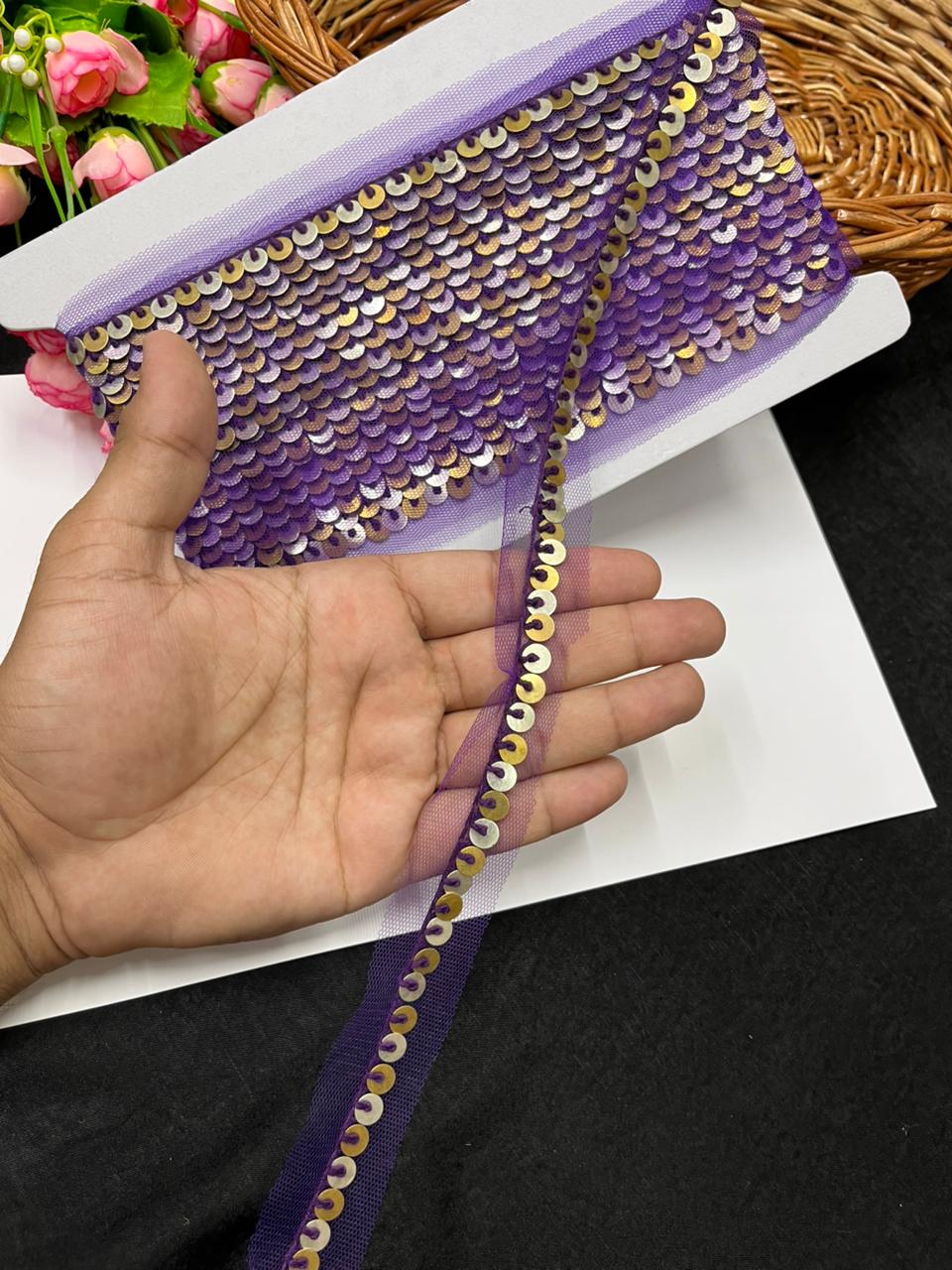 Sabyasachi-Inspired Metal Coin Lace for Dupattas & Sarees – Premium Handmade Ethnic Lace Border | Purple