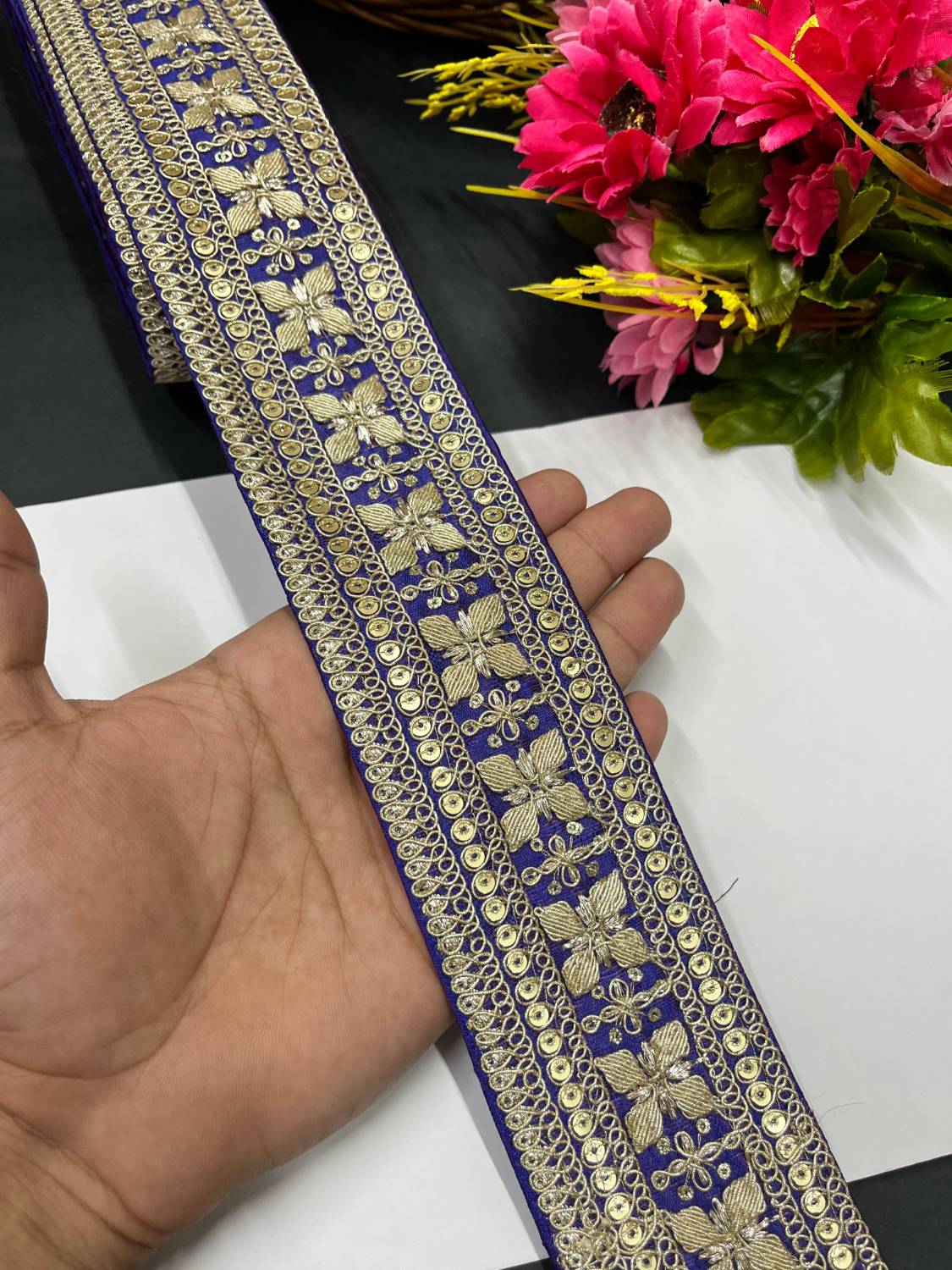 Zari Embroidered Saree Lace Border Trim for Dupatta & Dresses – Fancy Embellished Lace (9 Meter) | Purple