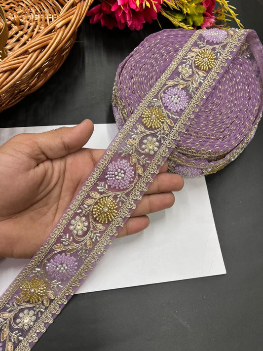 Beaded Bridal Laces Collection – Premium Maggam Work Designer Borders for Sarees, Lehengas & Dupattas (9 Meter, 2 Inch Width) | Purple