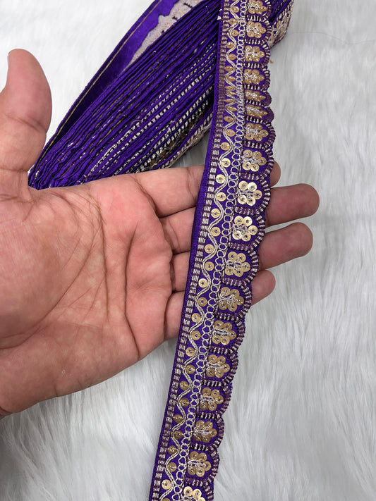 Indian Saree Lace Border Embroidered Trim - Floral Thread Decorative Ribbon (9 Meter) | Purple