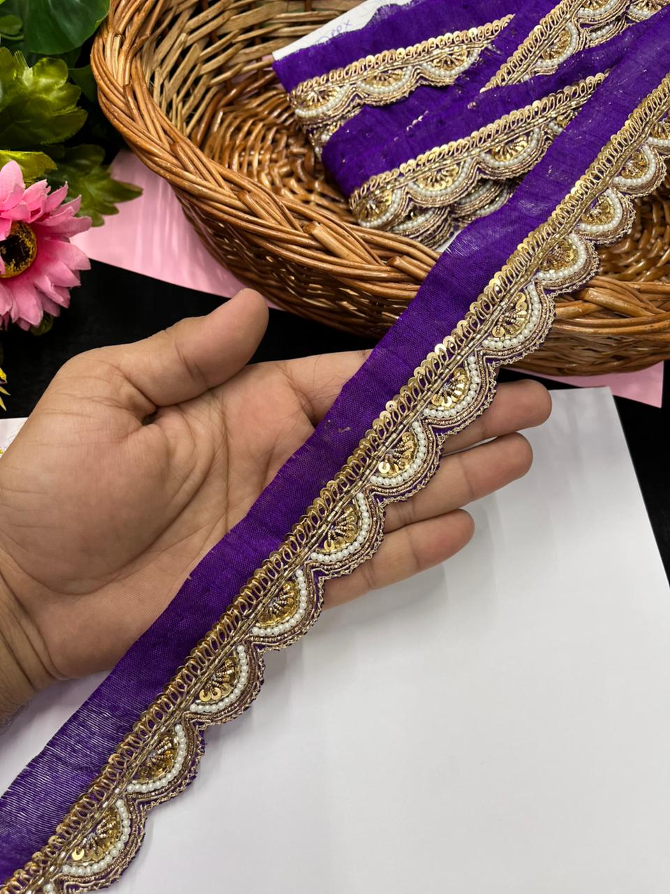 Handmade Scalloped Zardozi Maggam Work Saree Lace Borders – Premium Designer Maggam Lace | Purple