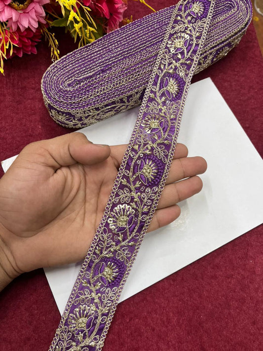 Sequins Work Zari Embroidered Laces – Premium Designer Borders for Sarees, Lehengas & Dupattas (9 Meter, 1.5 Inch Width) | Purple