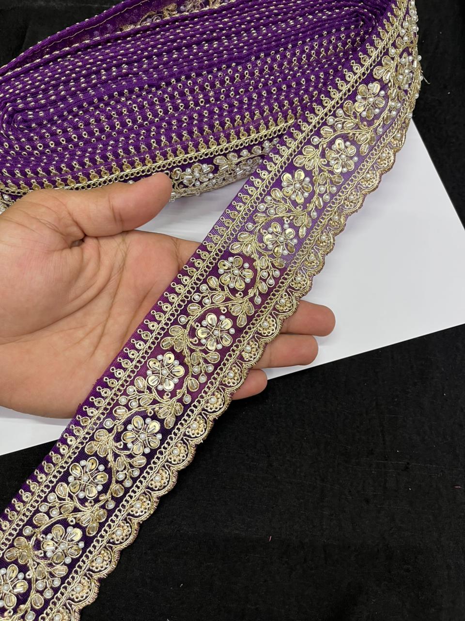 Rich Maggam Work Saree Border Lace for Blouses, Lehengas & Dresses – Designer Handcrafted Embroidered Lace (2.5 Inch) | Purple