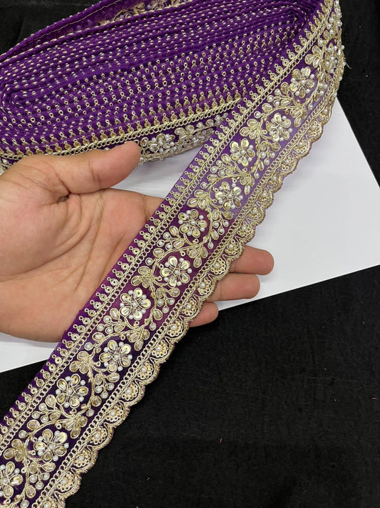 Rich Maggam Work Saree Border Lace for Blouses, Lehengas & Dresses – Designer Handcrafted Embroidered Lace (2.5 Inch) | Purple
