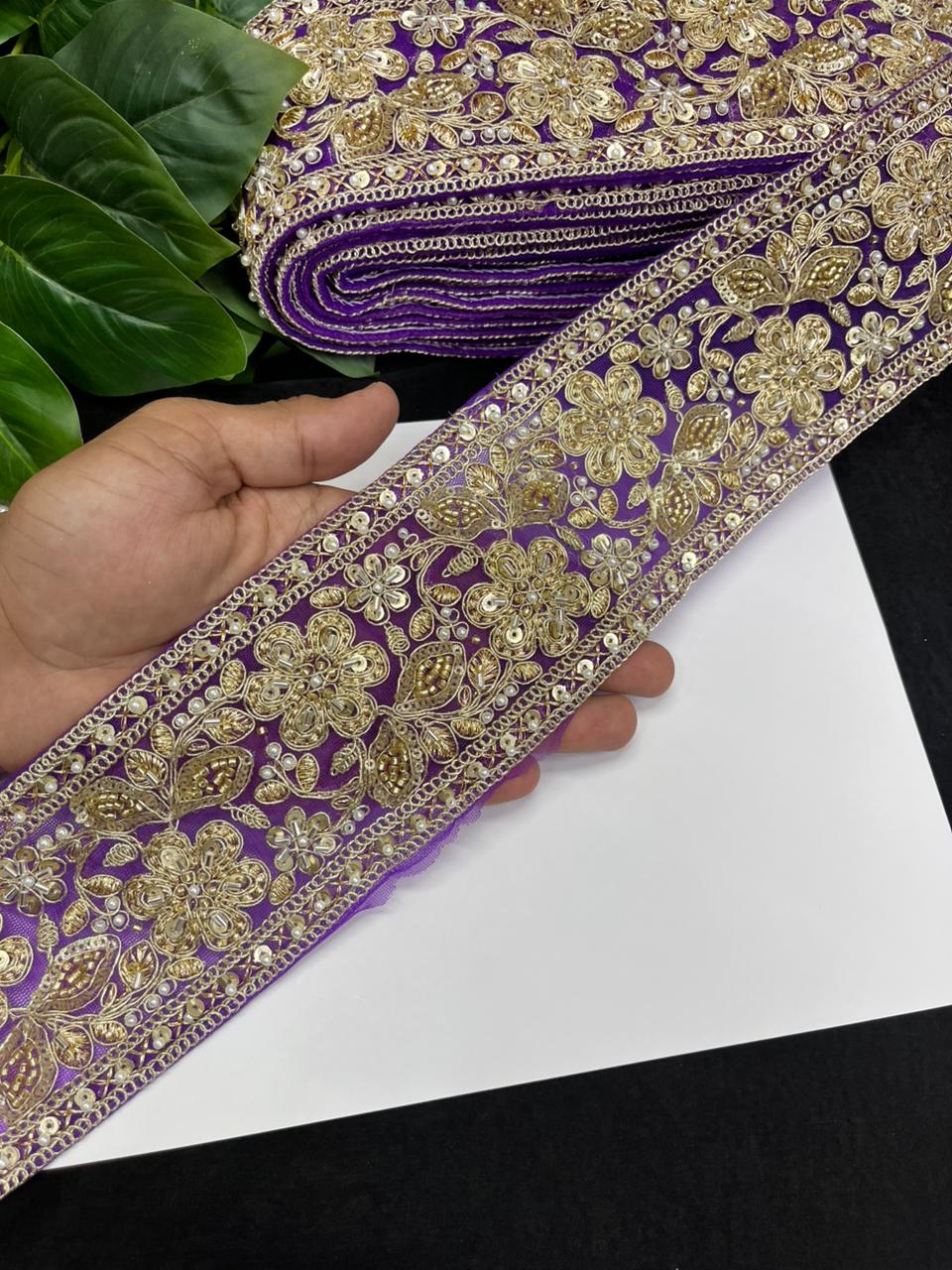 Designer Maggam Work Saree Lace on Net Fabric – Handcrafted Embroidered Lace Border for Sarees, Blouses & Lehengas (3.5 Inch) | Purple