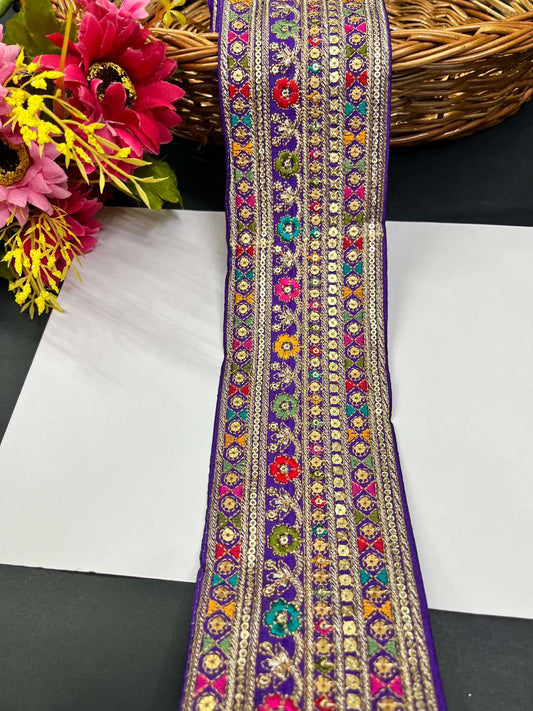Sabyasachi Inspired Embroidery Lace for Sarees & Dupattas – 3 Inch Wide Lace Border (9 Meter) | Purple
