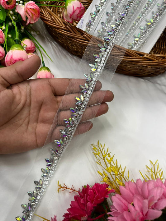 Handcrafted Rhinestone Trim for Sarees, Lehengas & Dresses – Designer Handmade Stone Lace Border (1 Inch) Rainbow