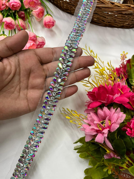 Handcrafted Rhinestone Trim for Sarees, Lehengas & Dresses – Designer Handmade Stone Lace Border (1 Inch) Rainbow