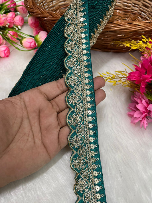 Embroidered Designer Lace – Indian Wedding Trims, Saree Border, 1.5 Inch Wide Lace Reel (9 Mtr) | Rama Green