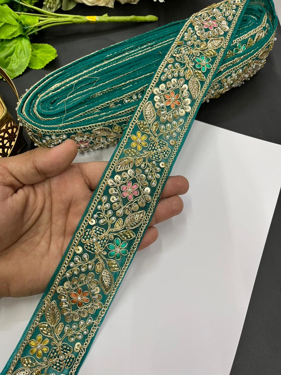 Designer Maggam Work Laces for Sarees – Premium 2 Inch Hand-Embellished Border for Lehengas, Dupattas & Bridal Wear (9 Meter) | Rama Green