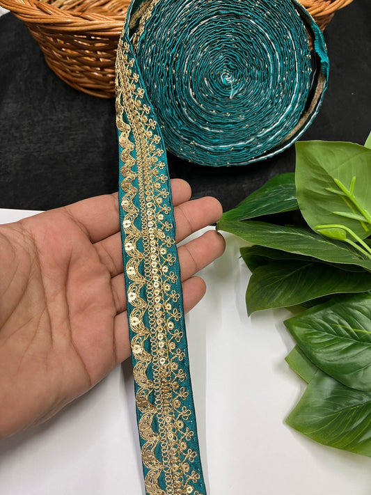 Gold Embroidered Saree Laces for Sarees, Kurtis, Dupattas, Dresses & Lehengas – 9 Meters, 1.25-Inch Decorative Border | Rama Green