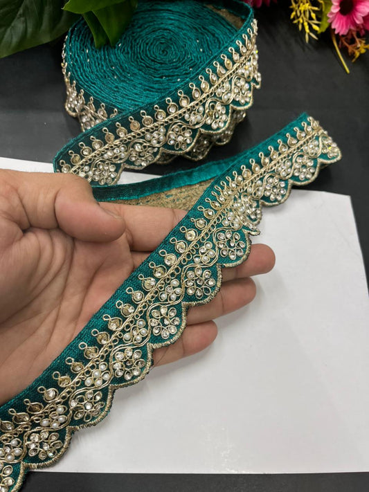 Scalloped Stonework Designer Laces – Elegant Embroidered Border Trim for Sarees, Dupattas & Lehengas (9 Meter, 1.5 Inch Width) | Rama Green