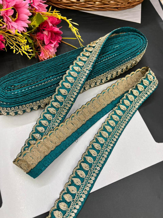 Embroidered Zari Lace Border for Saree, Lehenga & Craft Projects – Designer 1 Inch Embroidery Lace for Ethnic Wear (9 Meter) | Rama Green