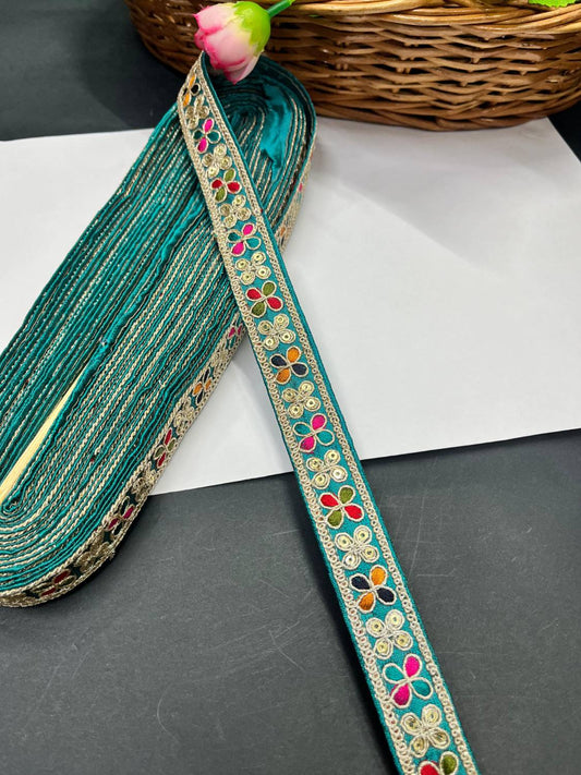 Multicoloured Embroidery Saree Lace Border for Garments & Boutique Wear – 9 Meter | Rama Green
