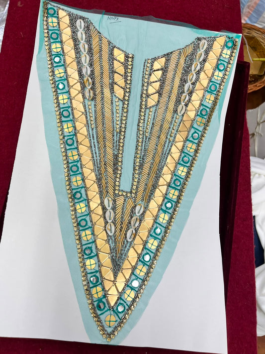 Designer Handcrafted Neck Patch for Dresses, Kurtis & Blouses – Premium Embroidered Neckline Applique | DC0982 | Rama Green