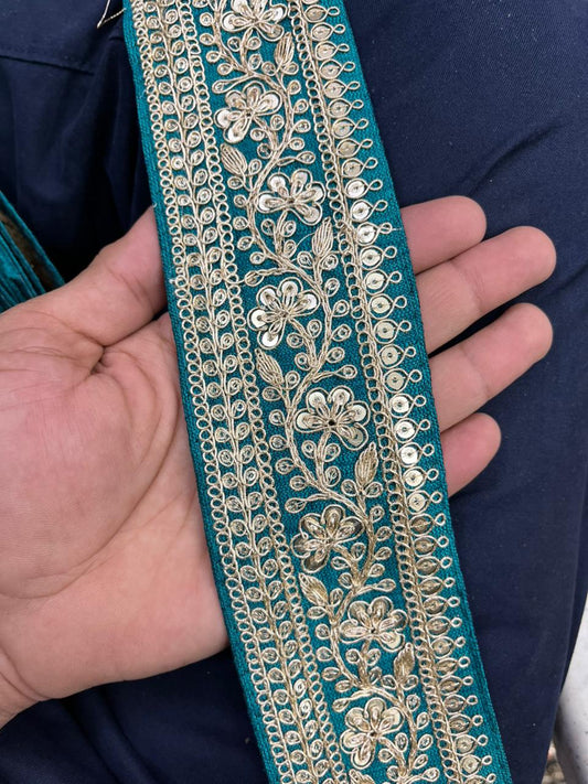 Embroidered Zari Lace Border for Saree, Lehenga & Craft Projects – Heavy 3 Inch Designer Embroidery Lace for Ethnic Wear (9 Meter) | Rama Green