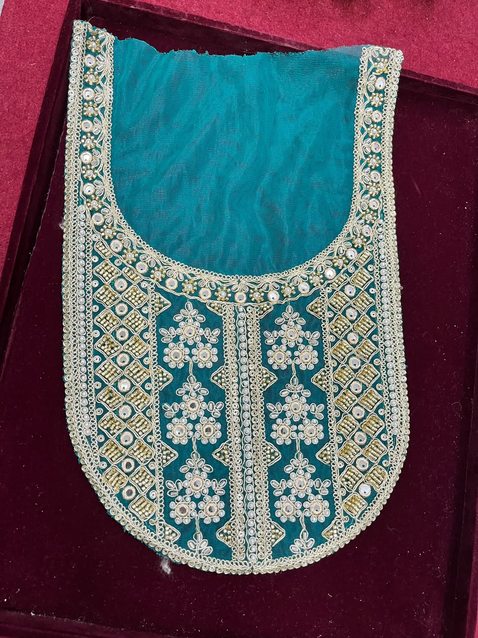 Designer Handcrafted Neck Patch for Kurtis, Dresses & Blouses – Premium Embroidered Neckline Applique | DC0983 | Rama Green