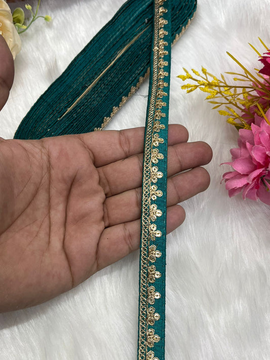 Embroidered Designer Lace, Indian Wedding Trims, Saree Border, Lace Reel 9 Meter (0.5 Inch Width) | Rama Green