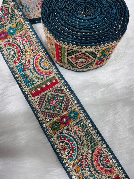 3 Inch Indian Saree Lace Border Embroidered Trim – Floral Decorative Ribbon for Art Quilts & Craft Projects (9 Meter) | Rama Green