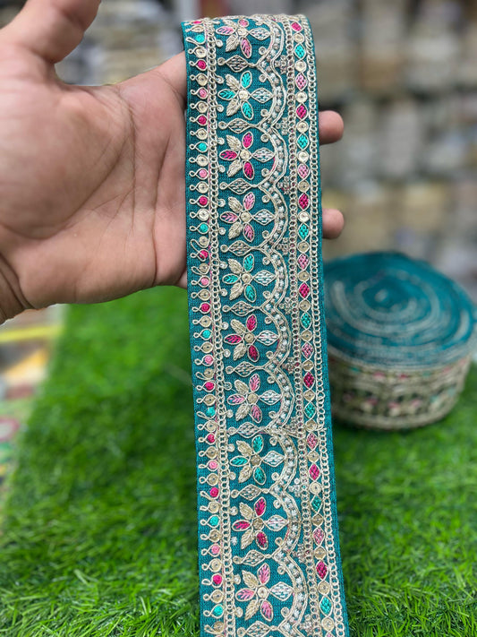 Embroidered Sari Lace Borders for Wedding Saree, Dupatta, Gowns, Lehenga – 9 Meters, 2.5-Inch Width | Rama Green