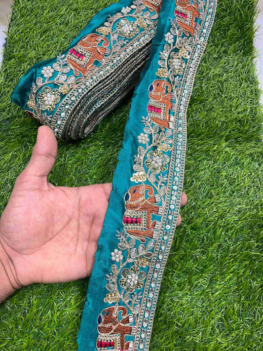 Elephant Handwork Cutdana & Pearl Embroidered Lace Border – 9 Meters, 3-Inch Maggam Work Trim for Sarees & Lehengas | Rama Green