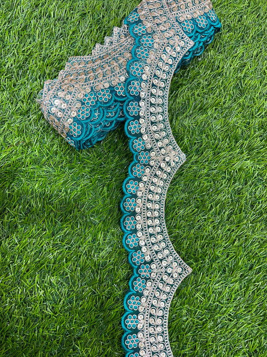 Embroidery Scallop Lace | Sequins Embellishment Trim | Craft Decorative Saree Lace – 9 Meters, 2-Inch Width | Rama Green