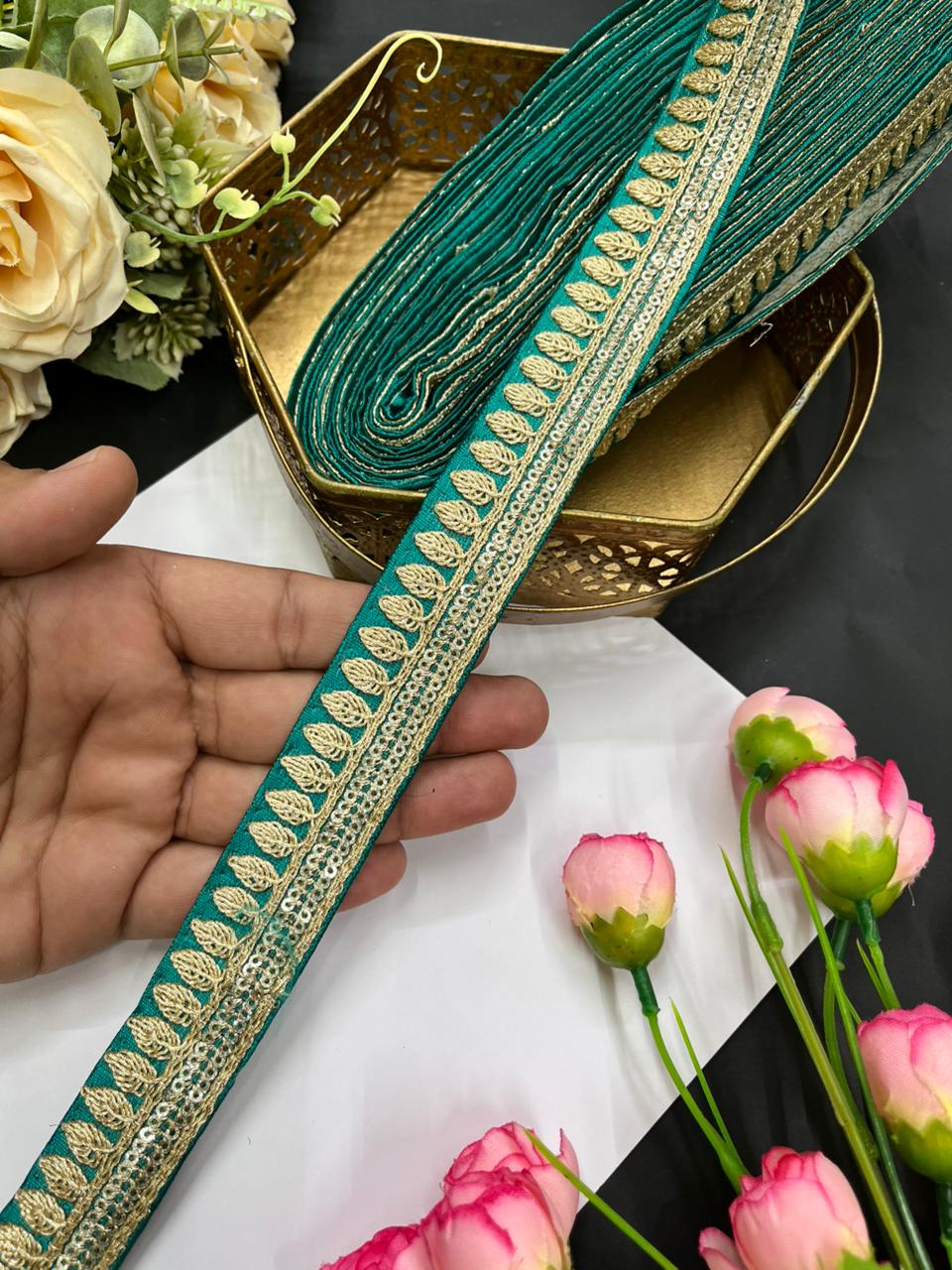 Elegant Embroidered Silk Saree Lace Borders – Premium 1 Inch Designer Border for Dupattas, Lehengas & Festive Wear (9 Meter) | Rama Green