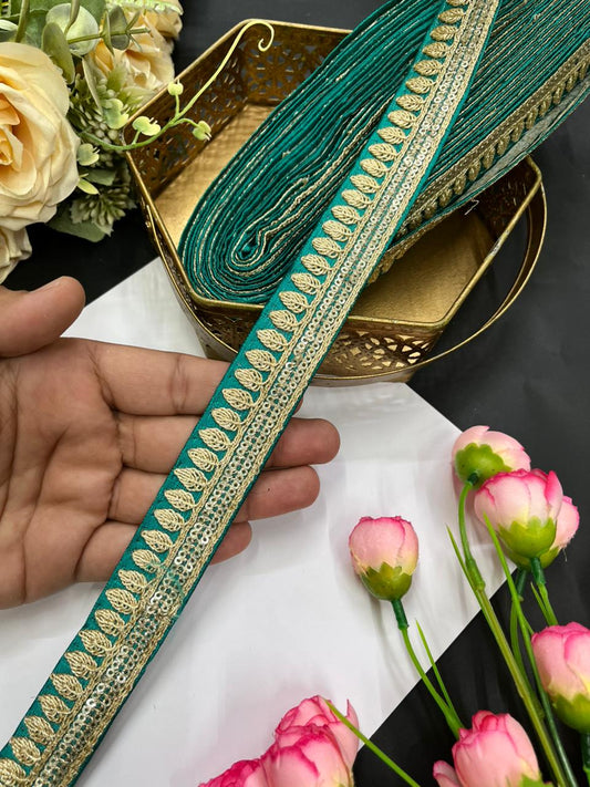 Elegant Embroidered Silk Saree Lace Borders – Premium 1 Inch Designer Border for Dupattas, Lehengas & Festive Wear (9 Meter) | Rama Green
