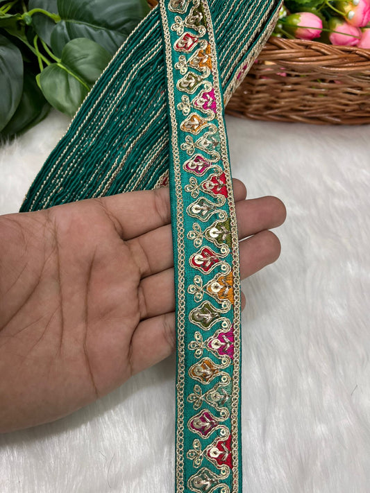 Sabyasachi-Inspired Embroidered Designer Lace Border – 9 Meter Roll, 1 Inch Wide for Ethnic & Creative Projects | Rama Green
