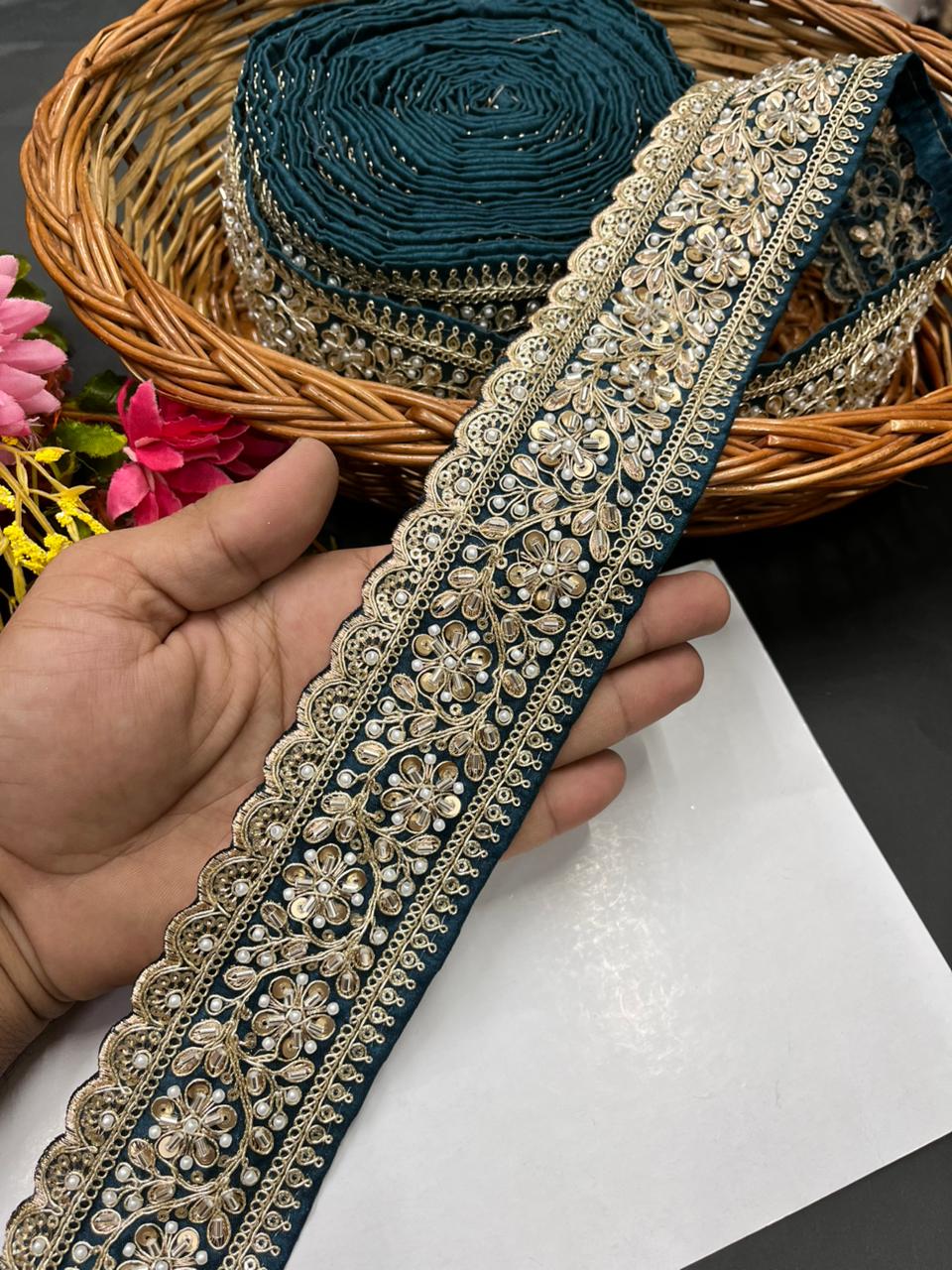 Beaded Embroidered Bridal Laces – Premium Maggam Work Borders for Sarees, Lehengas & Dupattas (9 Meter, 2.5 Inch Width) | Rama Green