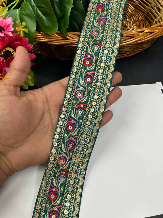 Sabyasachi Inspired Embroidery Lace Border for Sarees & Lehengas (9 Meter) – 2 Inch Width | Rama Green