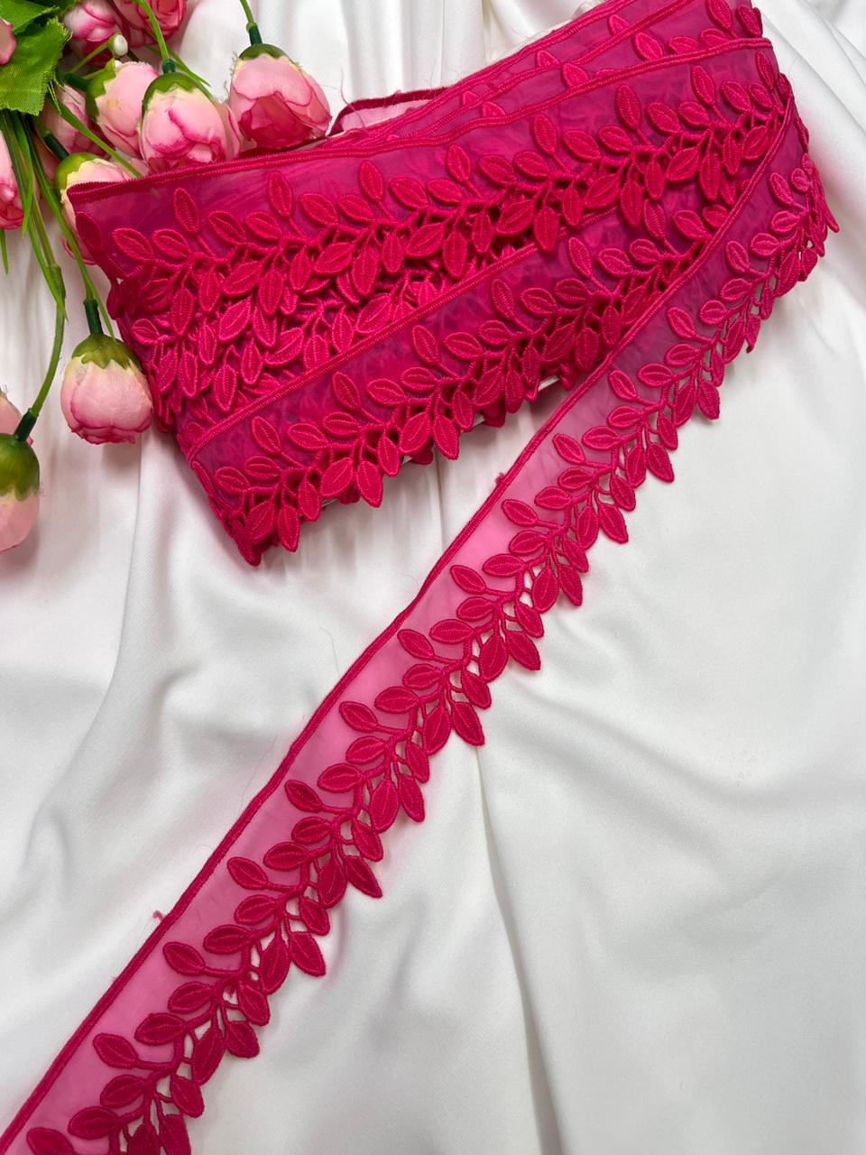 Beautiful Imported Organza Lace Trim for Sarees, Dresses & Kurtis – Designer Soft Organza Lace Border (1.5 Inch) | Rani Pink