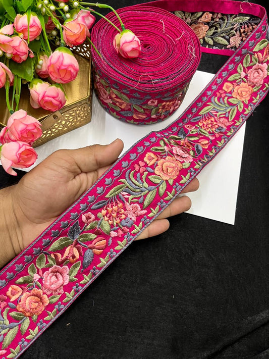 Thread Embroidery Flower Indian Lace Trim for Sarees, Kurtis & Dresses – Designer Floral Embroidered Lace Border (3 Inch) | Rani Pink