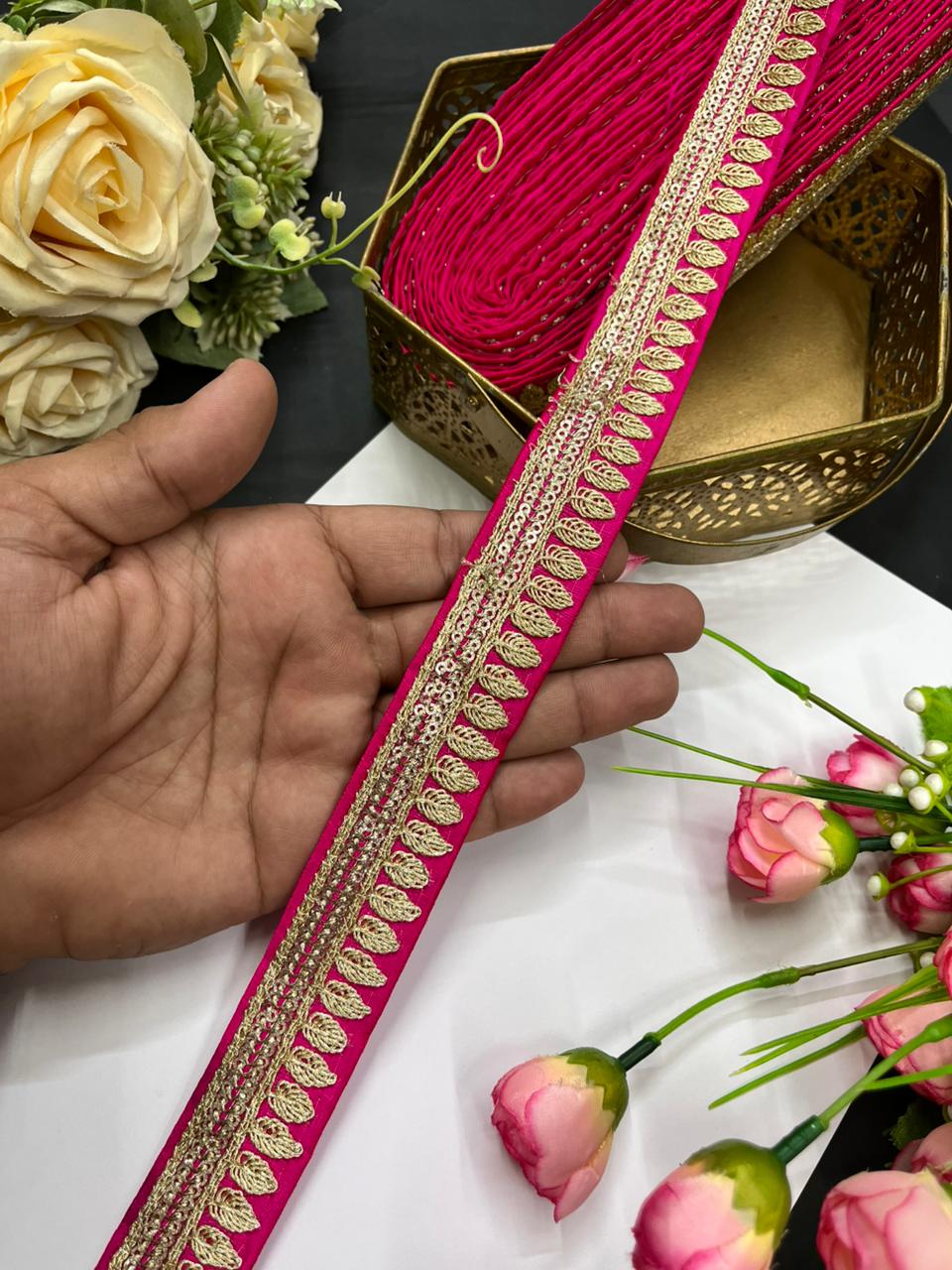 Elegant Embroidered Silk Saree Lace Borders – Premium 1 Inch Designer Border for Dupattas, Lehengas & Festive Wear (9 Meter) | Rani Pink
