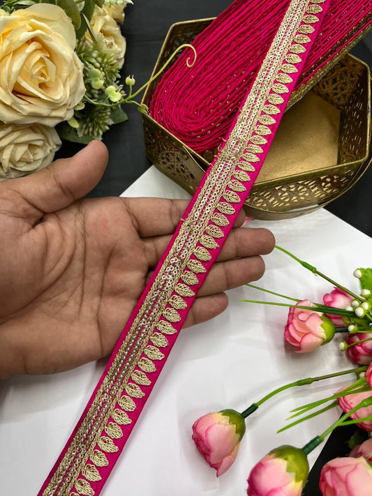 Elegant Embroidered Silk Saree Lace Borders – Premium 1 Inch Designer Border for Dupattas, Lehengas & Festive Wear (9 Meter) | Rani Pink