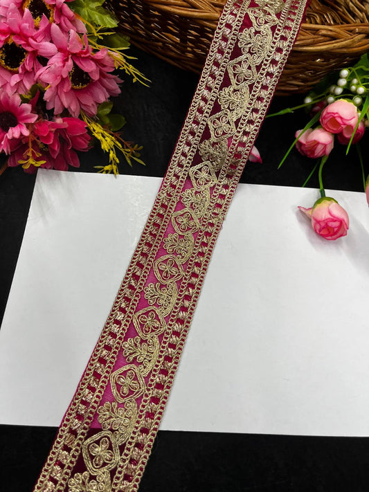 Embroidered Laces for Sarees & Dupattas – Elegant Net Border Trim for Ethnic & Festive Wear (9 Meter, 2 Inch Width) | Rani Pink