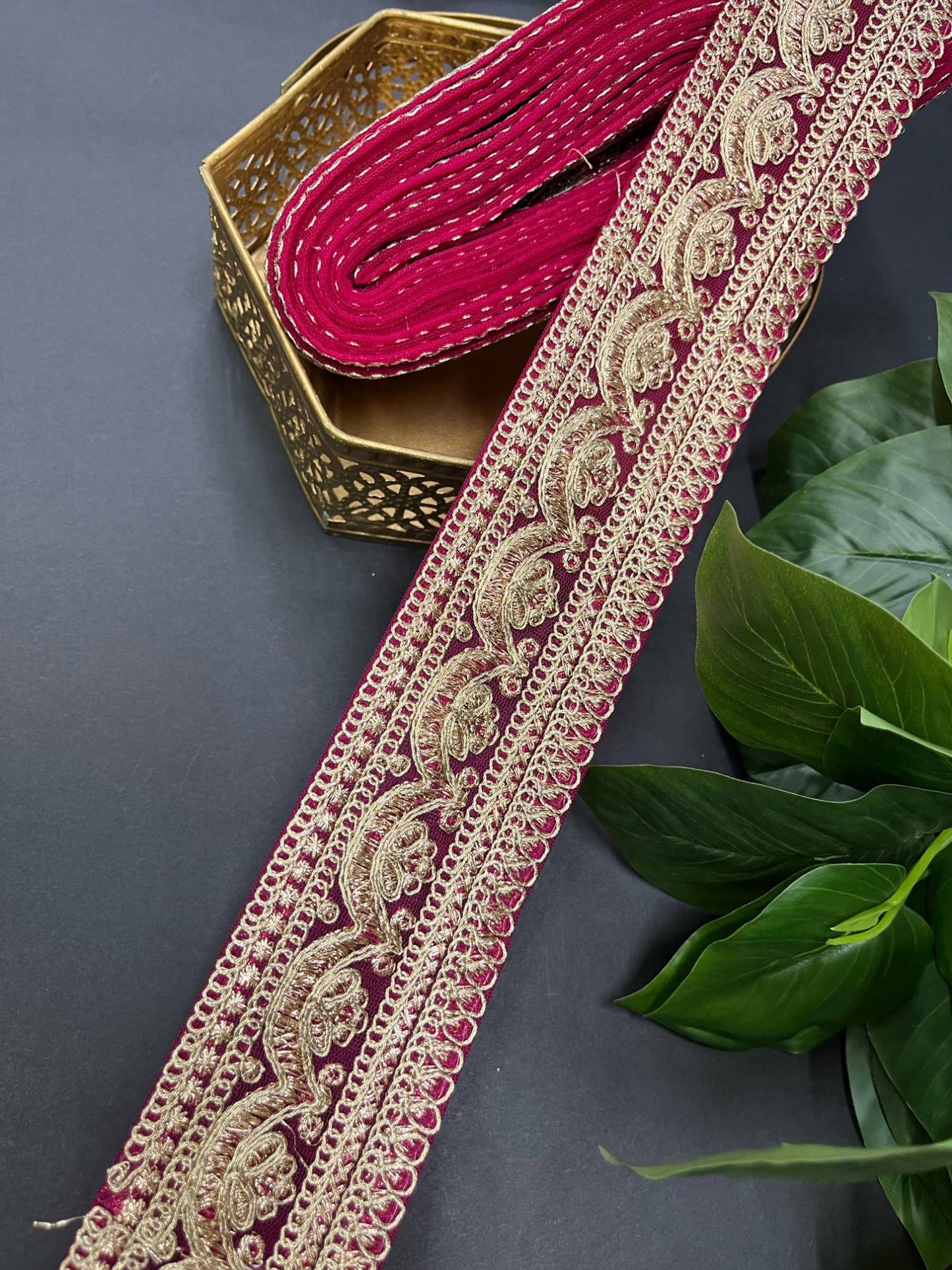 Embroidery Designer Lace on Net Fabric – 9 Meters, 2.5-Inch Width | Rani Pink