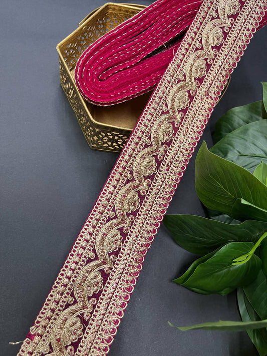 Embroidery Designer Lace on Net Fabric – 9 Meters, 2.5-Inch Width | Rani Pink