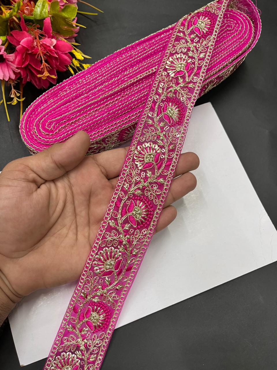 Sequins Work Zari Embroidered Laces – Premium Designer Borders for Sarees, Lehengas & Dupattas (9 Meter, 1.5 Inch Width) | Rani Pink