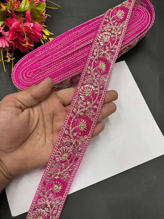 Sequins Work Zari Embroidered Laces – Premium Designer Borders for Sarees, Lehengas & Dupattas (9 Meter, 1.5 Inch Width) | Rani Pink