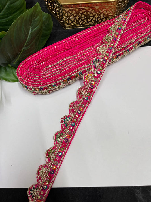 Multicolored Scalloped Sabyasachi Inspired Embroidered Lace – 9 Meters, 1-Inch Designer Trim for Sarees, Lehengas & Dupattas | Rani Pink