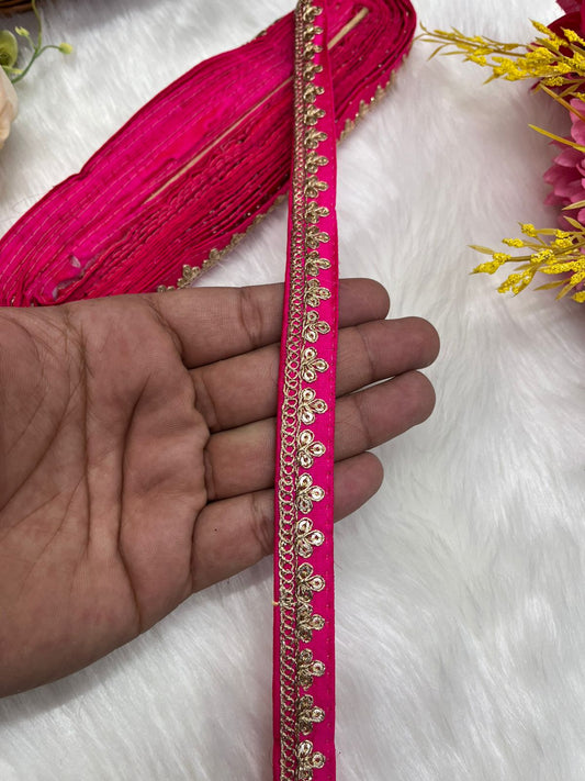 Embroidered Designer Lace, Indian Wedding Trims, Saree Border, Lace Reel 9 Meter (0.5 Inch Width) | Rani Pink