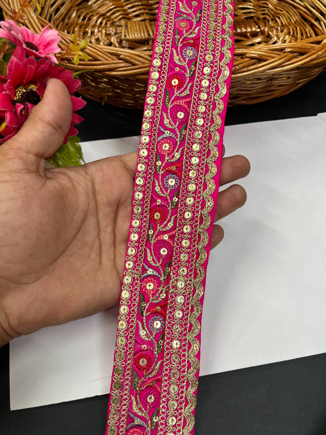 Sabyasachi Inspired Embroidery Lace Border for Sarees & Lehengas (9 Meter) – 2 Inch Width | Rani Pink