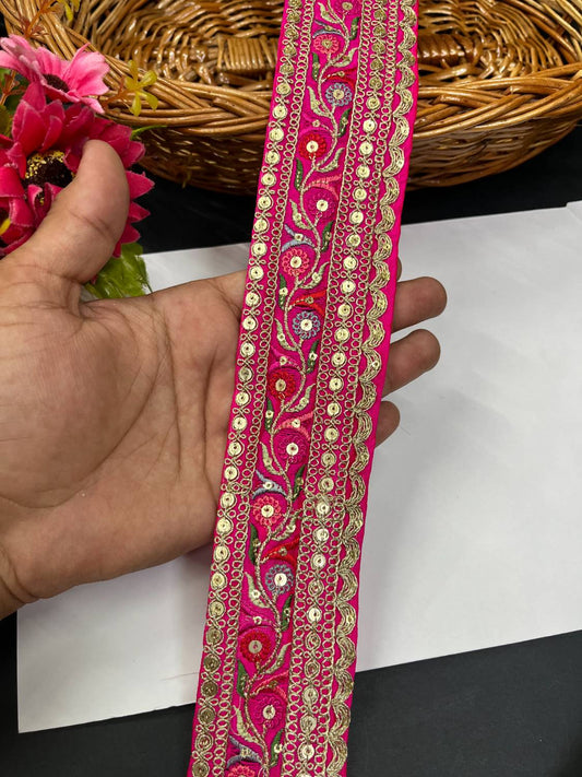 Sabyasachi Inspired Embroidery Lace Border for Sarees & Lehengas (9 Meter) – 2 Inch Width | Rani Pink