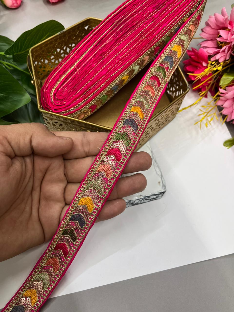 Sabyasachi Style Embroidery Saree Laces – Premium 1 Inch Designer Decorative Lace for Ethnic & Bridal Wear (9 Meter) | Rani Pink