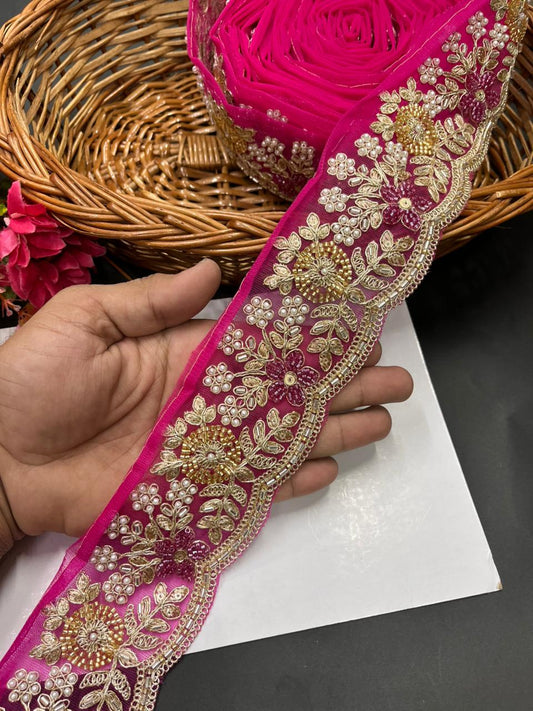 Luxurious Beaded Cutdana Bridal Dupatta Lace | Maggam Saree Laces – Designer Embellished Border (9 Meter, 2.5 Inch Width) | Rani Pink