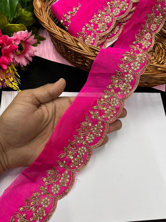 Handmade Scalloped Zardozi & Pearl Maggam Work Saree Lace Borders – Premium Bridal Maggam Lace | Rani Pink