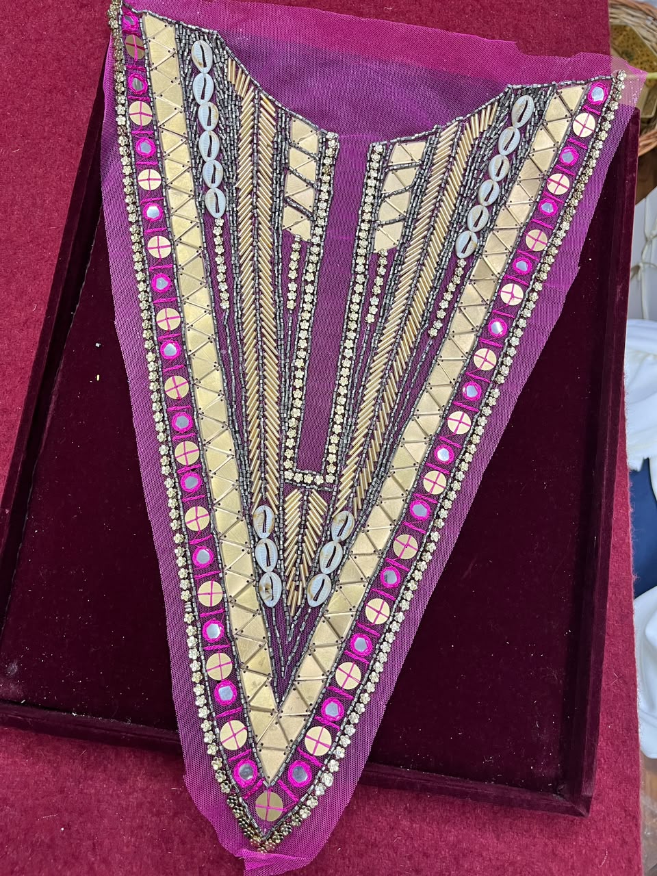 Designer Handcrafted Neck Patch for Dresses, Kurtis & Blouses – Premium Embroidered Neckline Applique | DC0982 | Rani Pink