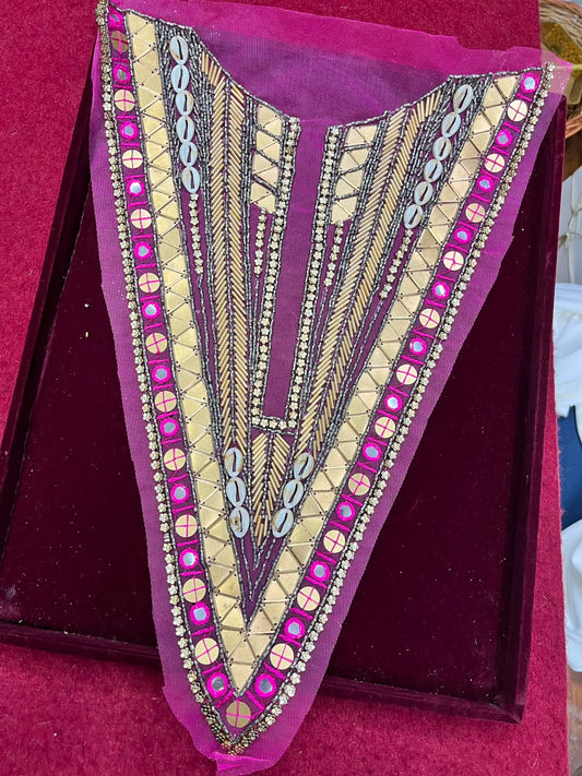 Designer Handcrafted Neck Patch for Dresses, Kurtis & Blouses – Premium Embroidered Neckline Applique | DC0982 | Rani Pink